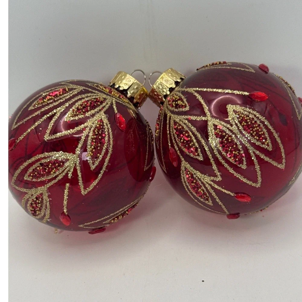 2 Red Glass Christmas Ornaments Gold Glitter Leaf Sequin Rhinestone 3 inch Round
